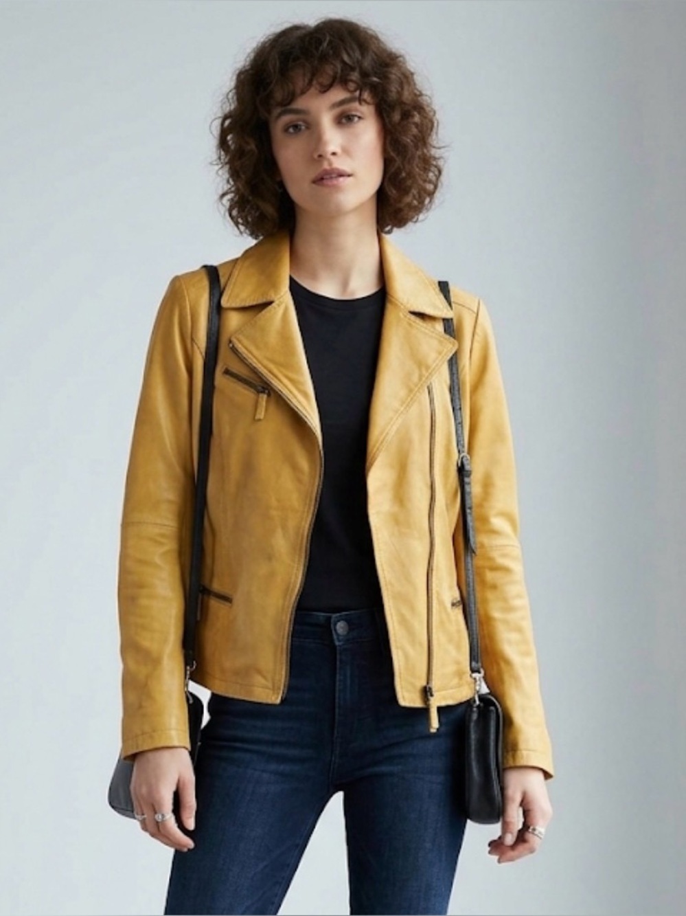 Gimo’s Italy x Burns 1876 Butter Yellow Leather Moto Asymmetrical Jacket